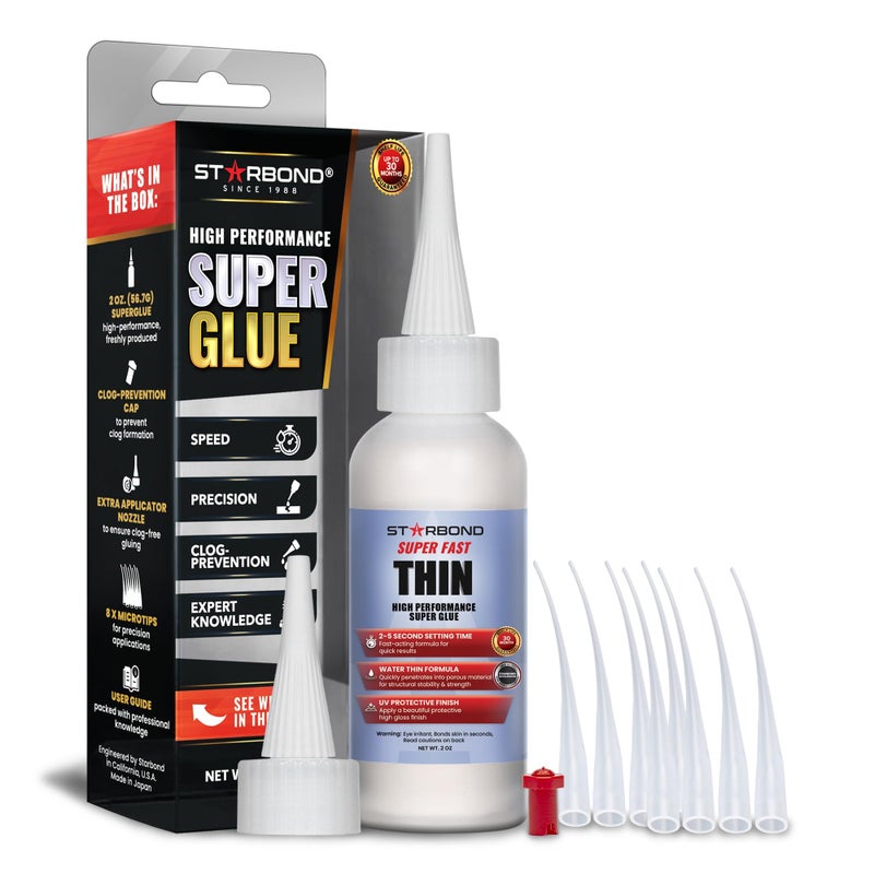 Starbond Super Fast Thin CA Glue â€“ Super Glue Pro Kit with Precision Microtips Anti-Clog Cap & Extra Nozzles â€“ Premium Cyanoacrylate Adhesive for Cracks, Joints, Woodturning, Hobby & Repairs, 2 oz - Image 1